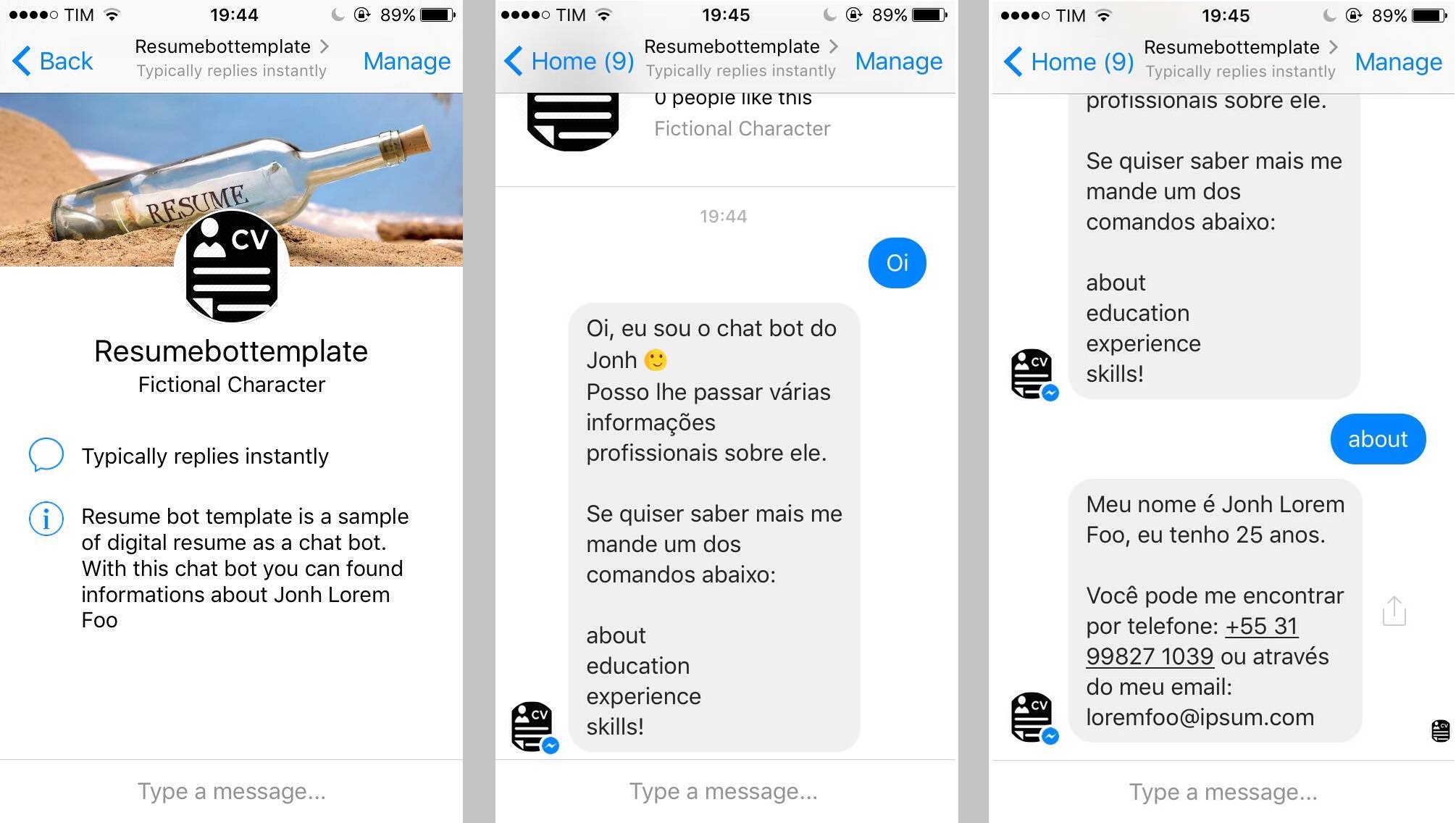 Exemplo de utilização do chatbot no Messenger